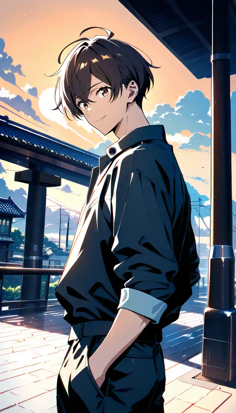 Jovem confiante ao pôr do sol em cena externa de anime
