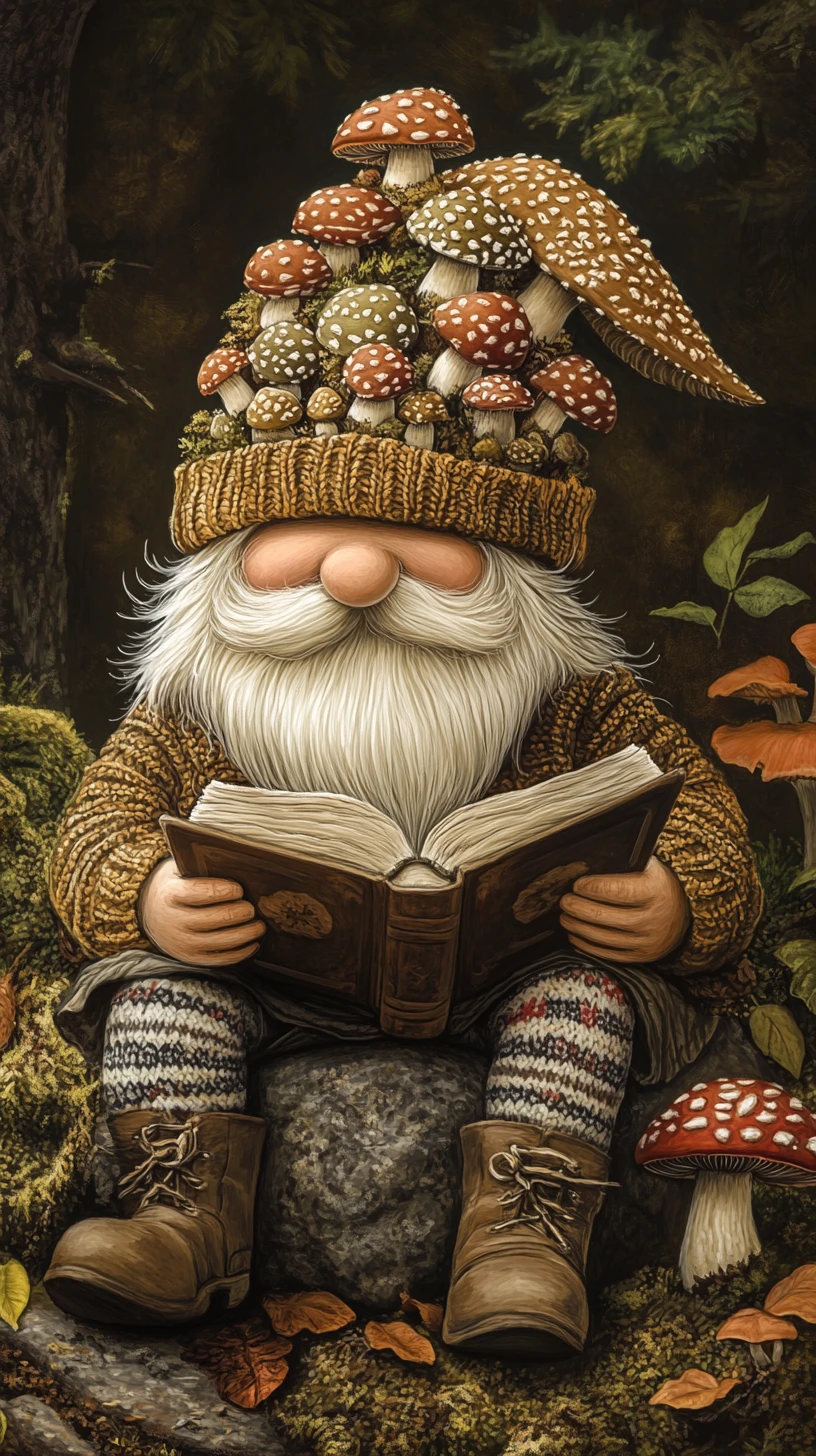 Gnome de la forêt lisant sur un rocher dans un bois magique