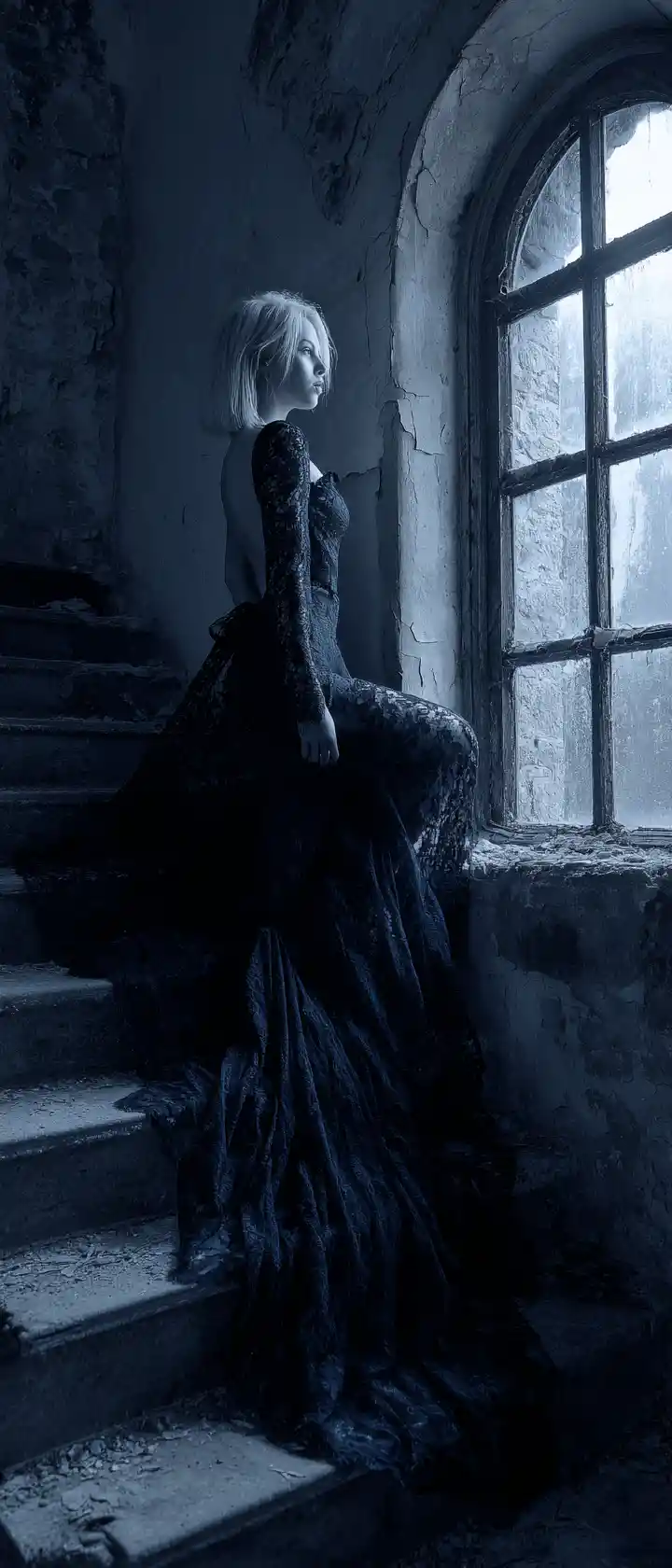 Mädchen im schwarzen Spitzenkleid auf einer mondbeschienenen Wendeltreppe