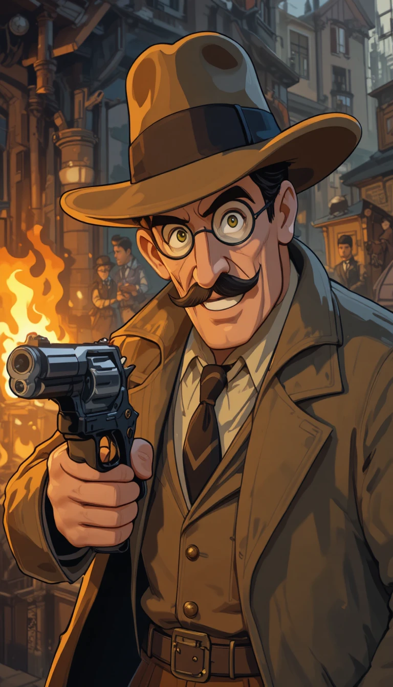 Detective in una città cartoon retrò con jazz e pistole