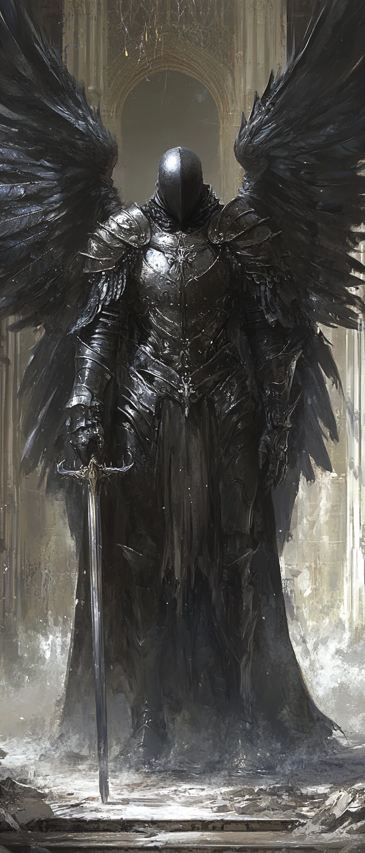 Anjo da morte blindado em uma catedral gótica arruinada
