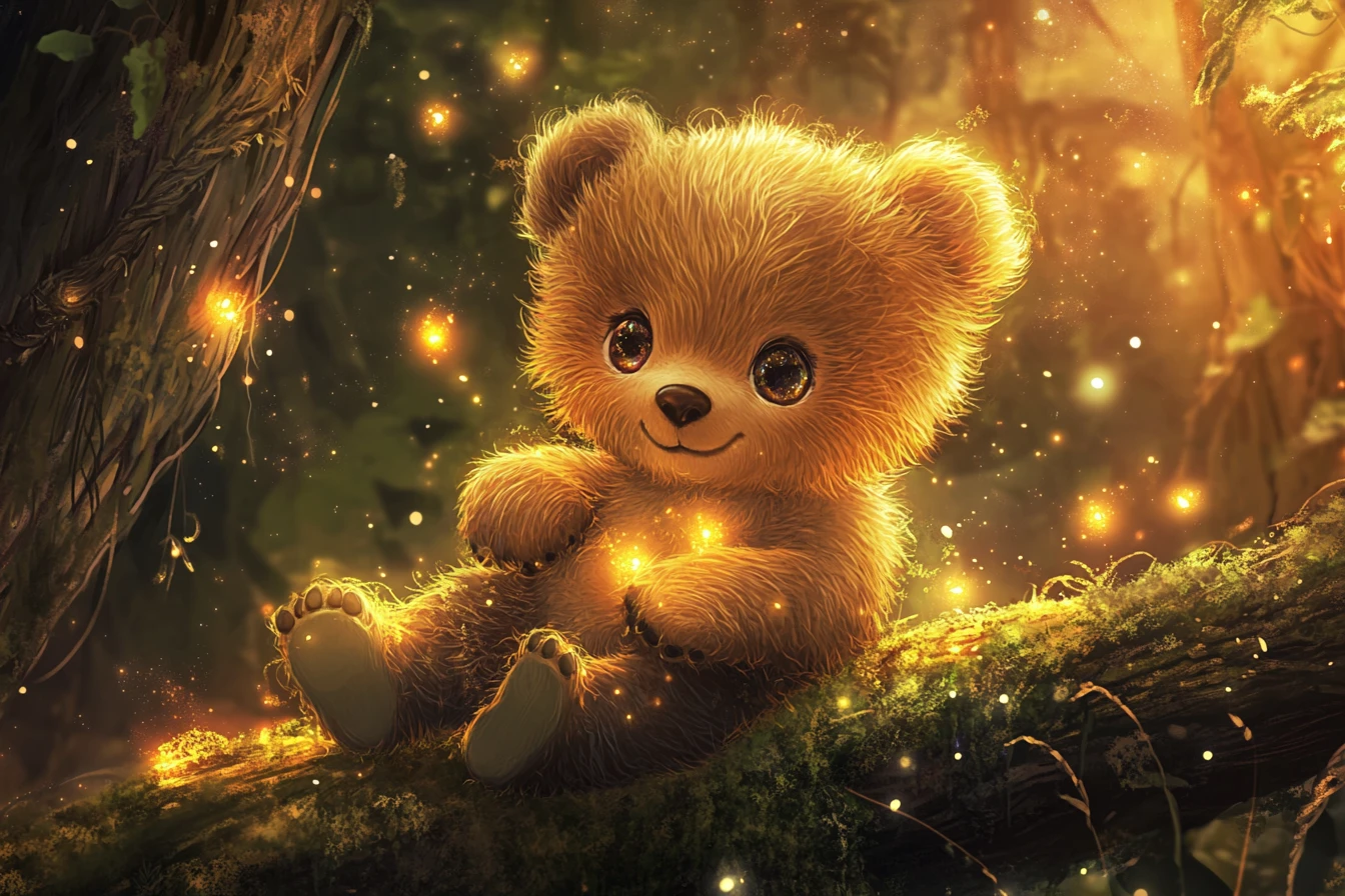 Dolce cucciolo di orso su tronco luminoso nella foresta incantata