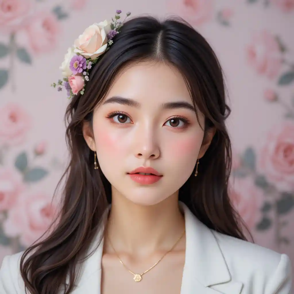 꽃 장식을 한 젊은 아시아 여성 초상