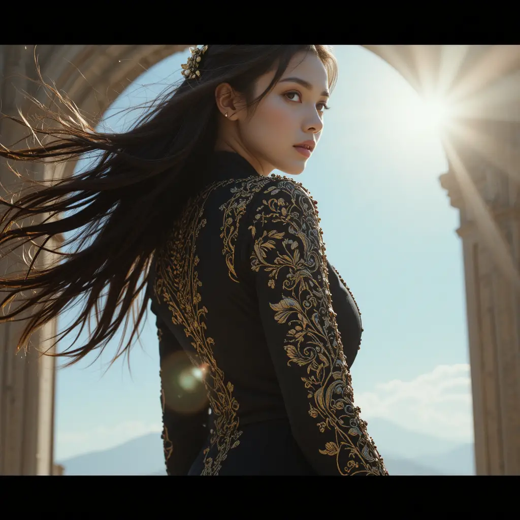 Stylish woman in ornate coat lit by bright daylight