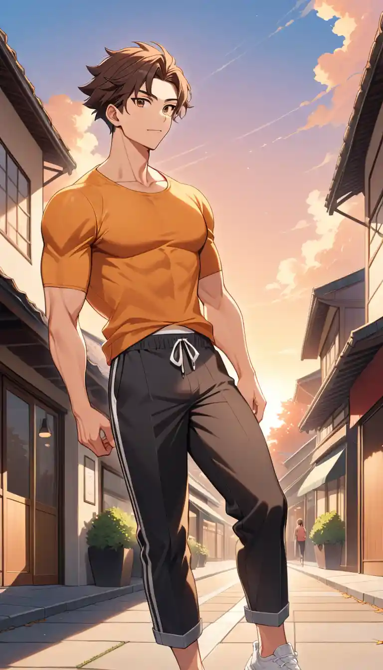 Homem de anime confiante em pé ao ar livre no pôr do sol quente