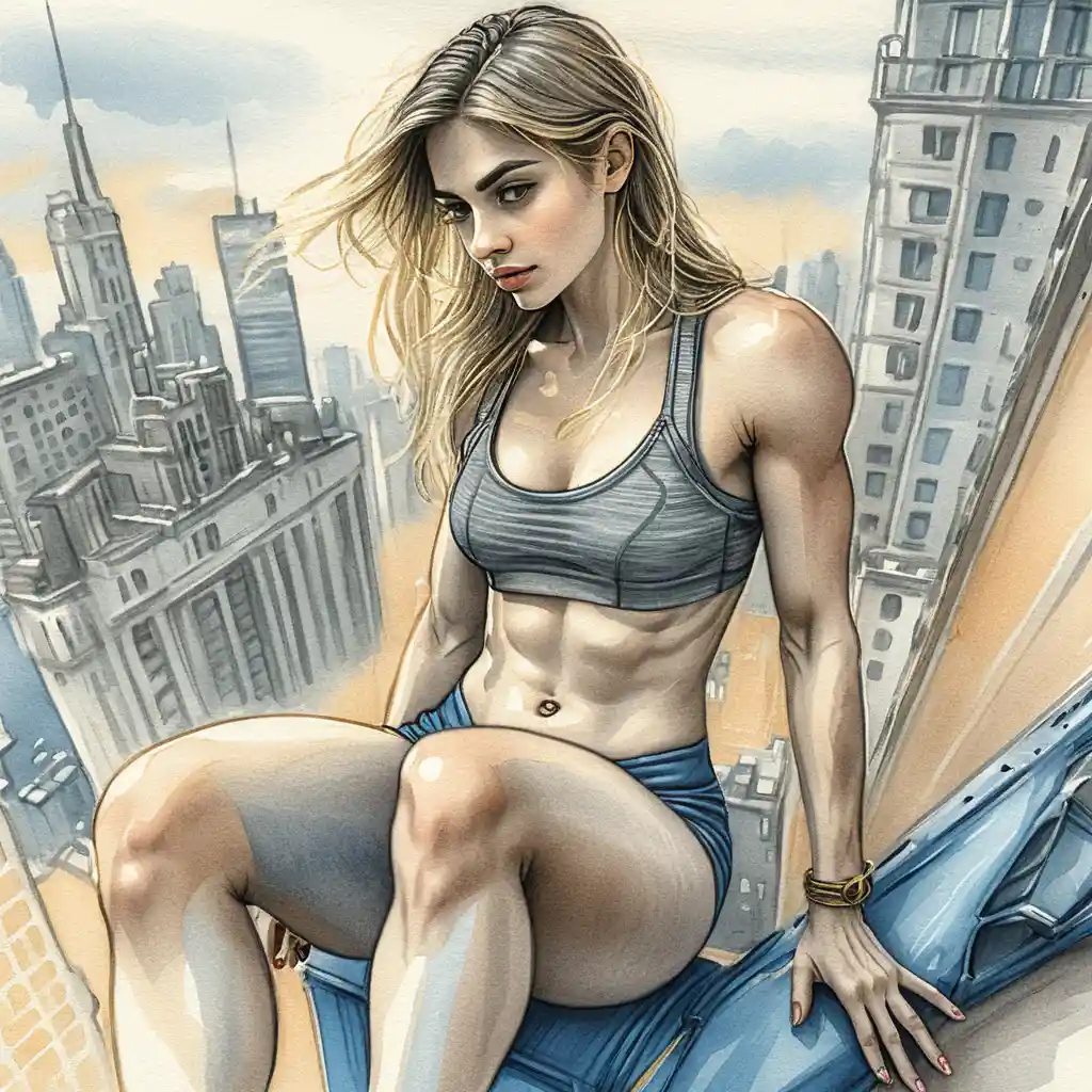 Muscular blonde heroine on a sunny urban rooftop