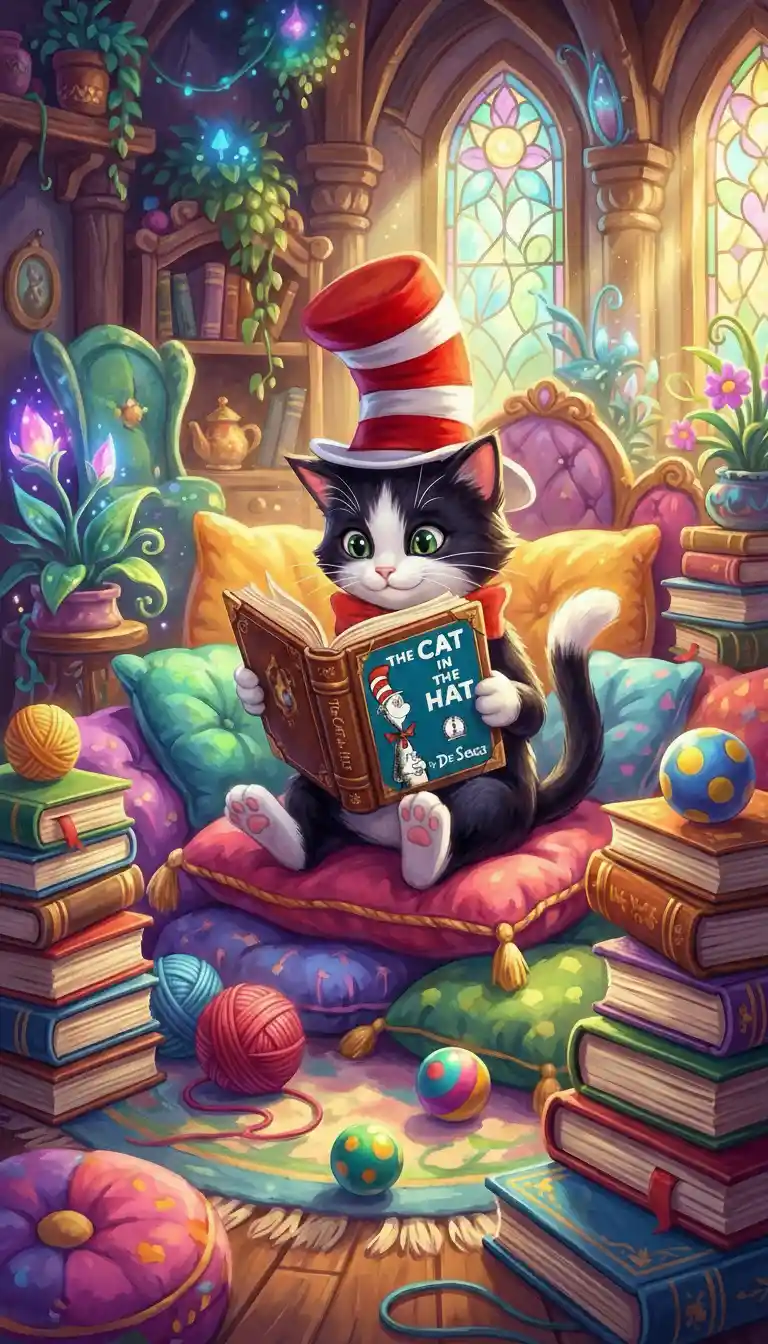 Adorable gato con sombrero de copa a rayas leyendo un libro de cuentos