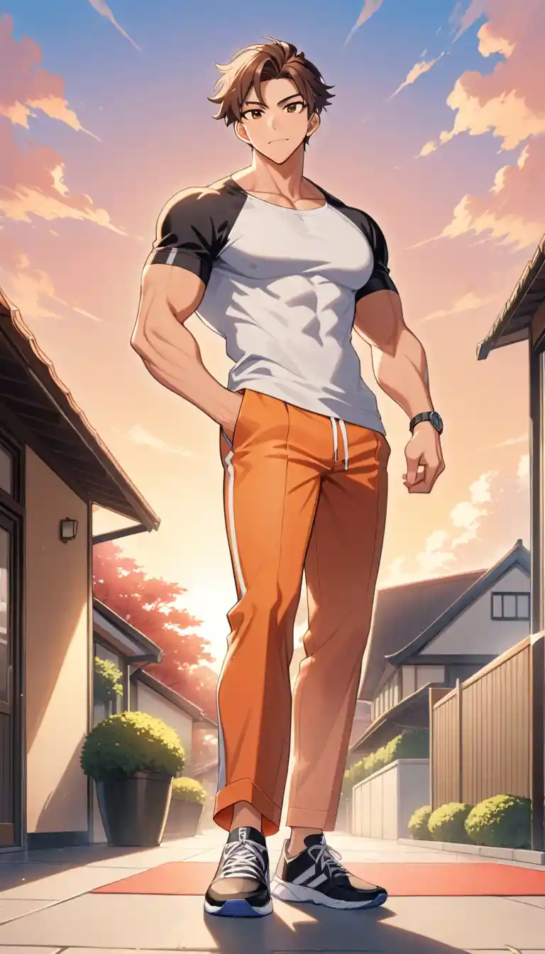 Jovem atlético confiante ao pôr do sol em estilo anime
