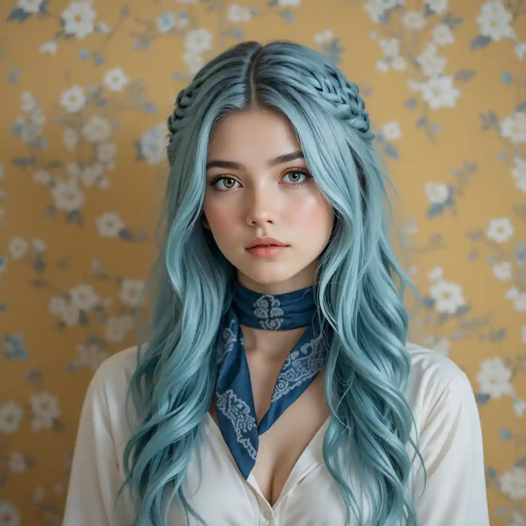 Bust portrait of a teal haired girl in soft warm light