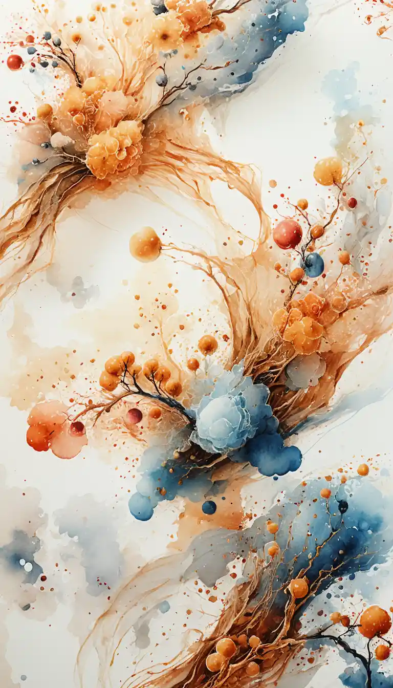 Tourbillon organique abstrait à l’aquarelle avec détails botaniques à l’encre