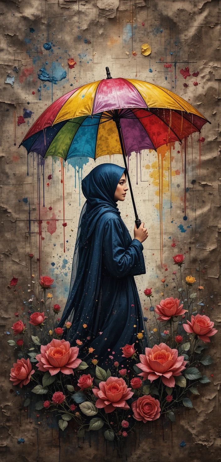 Frau mit Hijab unter Regenbogenschirm auf Textiltapisserie
