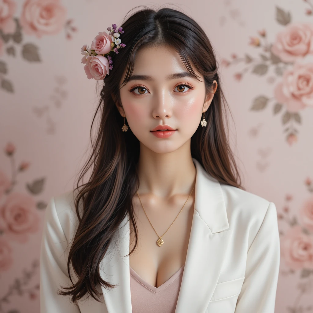 Junge asiatische Frau im weißen Blazer mit Blumen-Haarschmuck