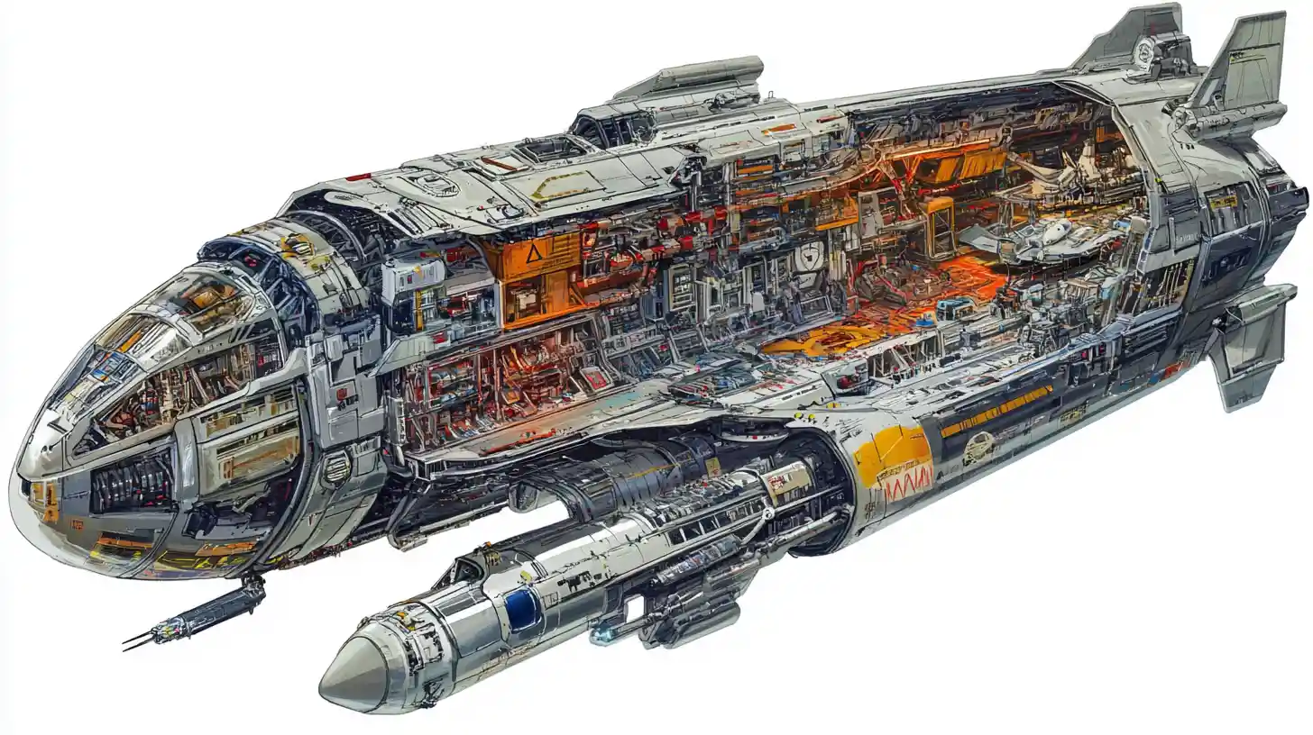 Detailed 3d cutaway diagram of a massive spaceship interior