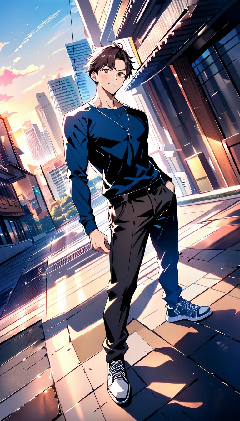 Jovem confiante em cena de anime ao ar livre ao pôr do sol