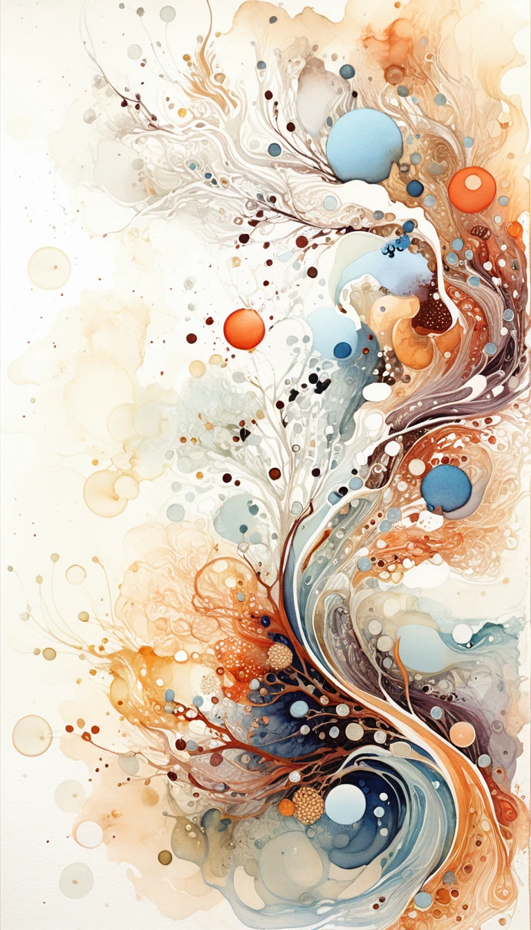 Abstrakter Aquarellwirbel mit botanischen Tinten-Details