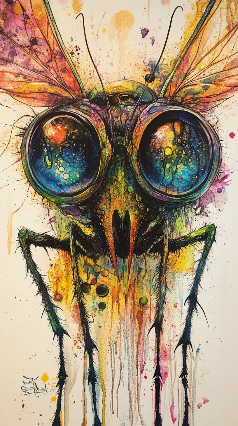 Créature insectoïde surréaliste aux yeux hypnotiques dans des couleurs oniriques