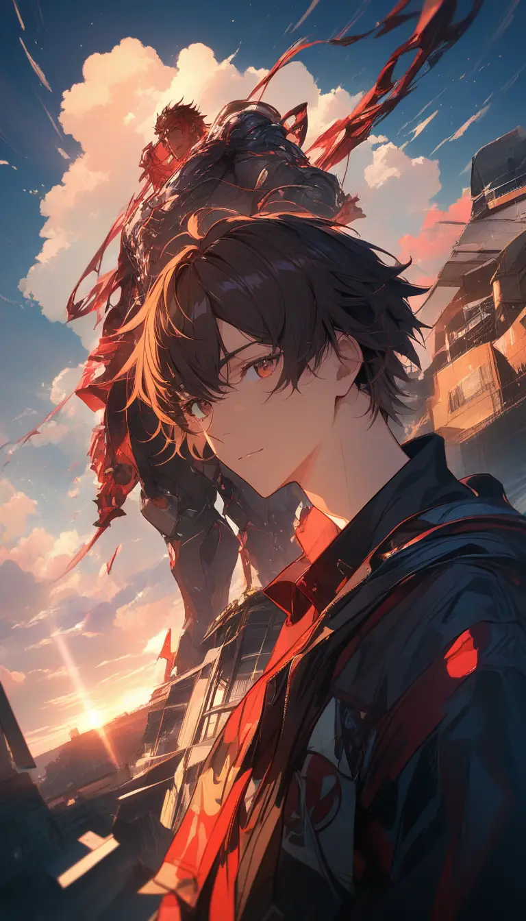 Jovem confiante ao pôr do sol em cena externa de anime