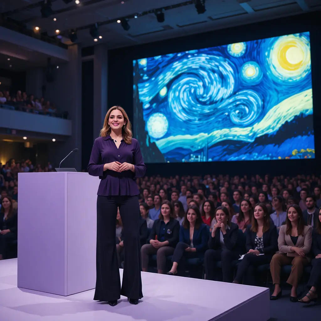 Mulher falando no palco diante do público em grande auditório