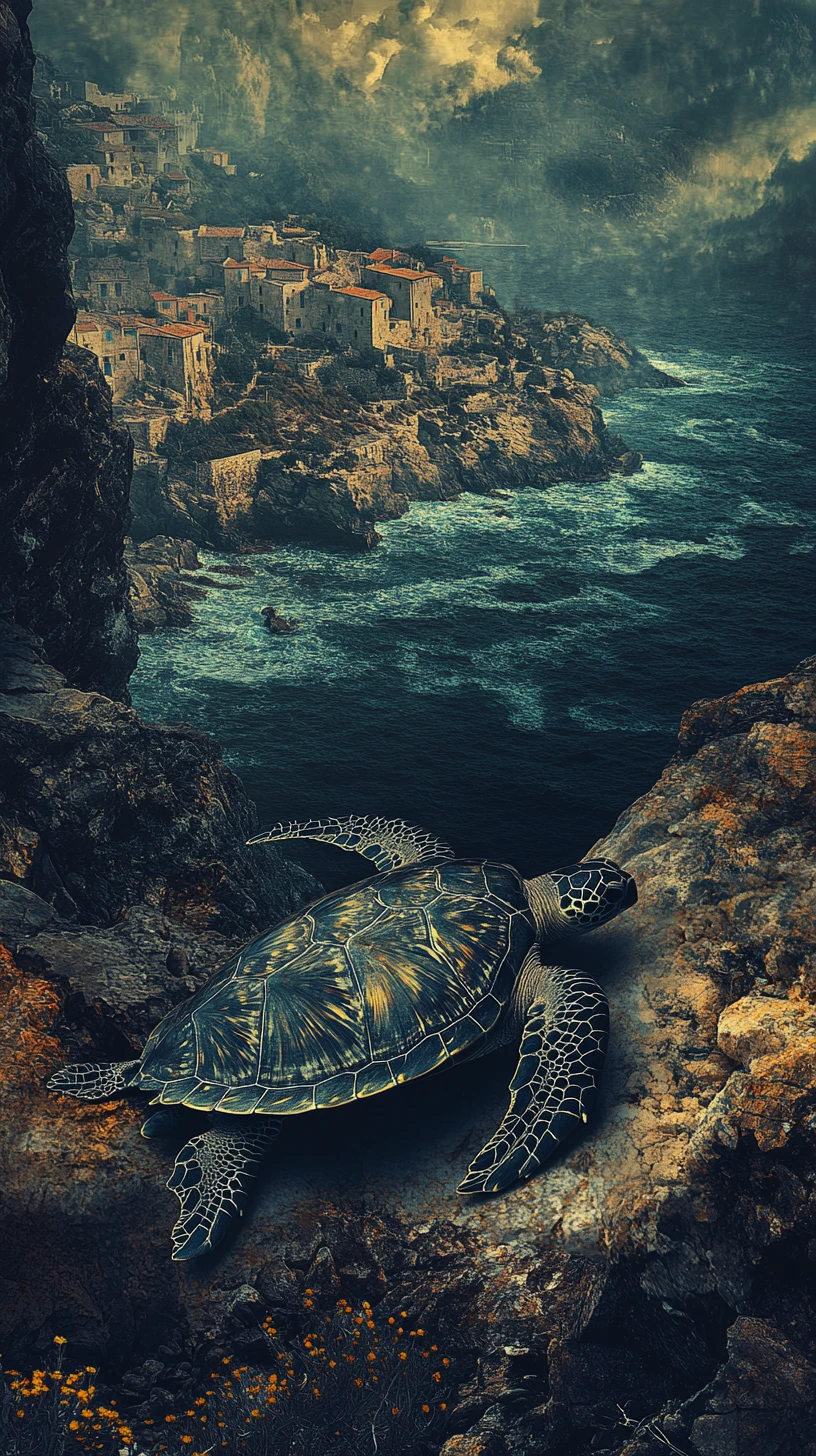 Tortuga marina de fantasía oscura junto a acantilados costeros de Córcega