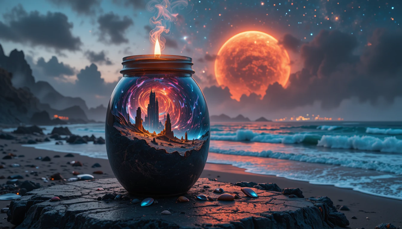 Surreal candle revealing an alien galaxy desert within