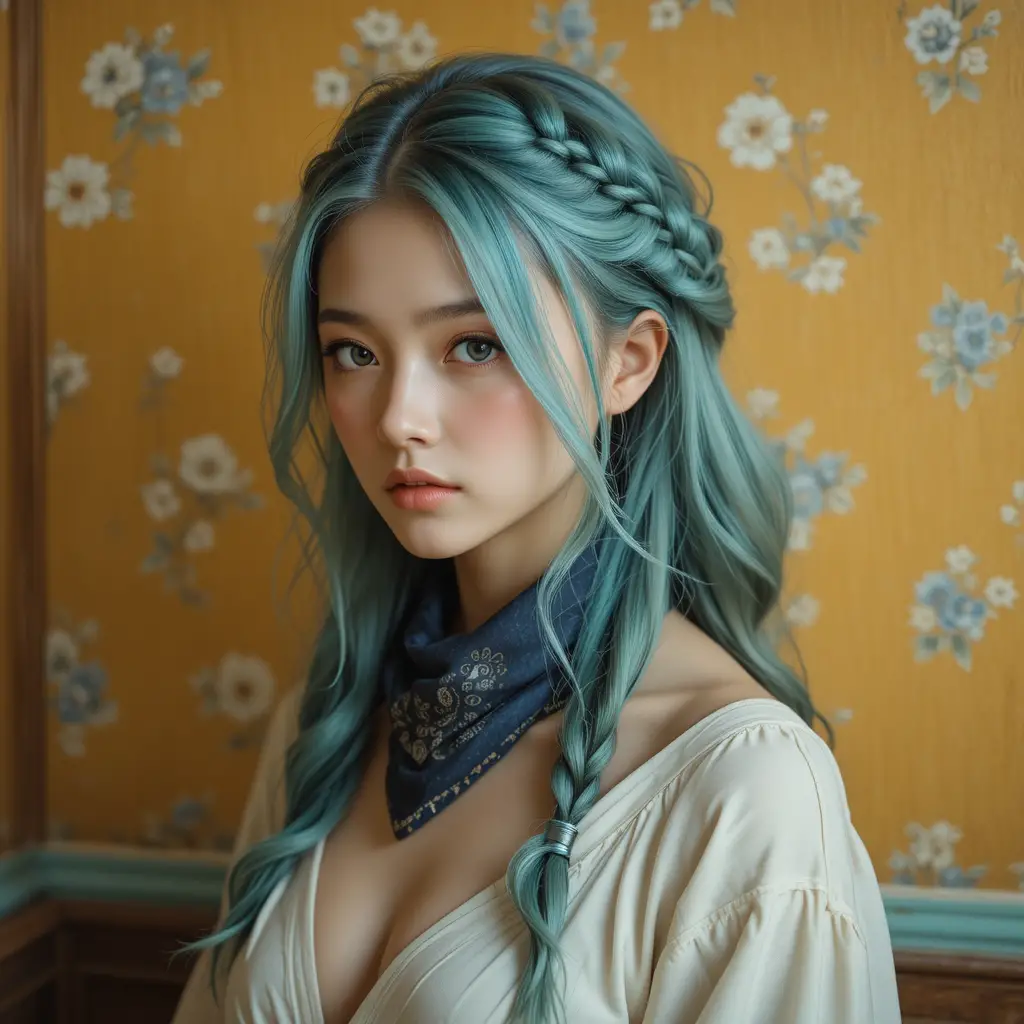 夢幻青綠髮女孩的柔和復古半身肖像