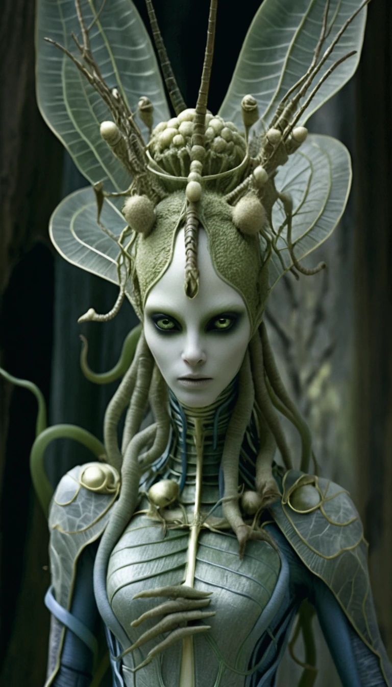 Mujer hada alienígena con corona insectoide en retrato verde oscuro
