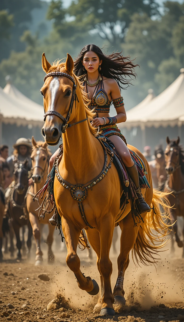 Mujer indígena corriendo sobre un poderoso caballo en movimiento