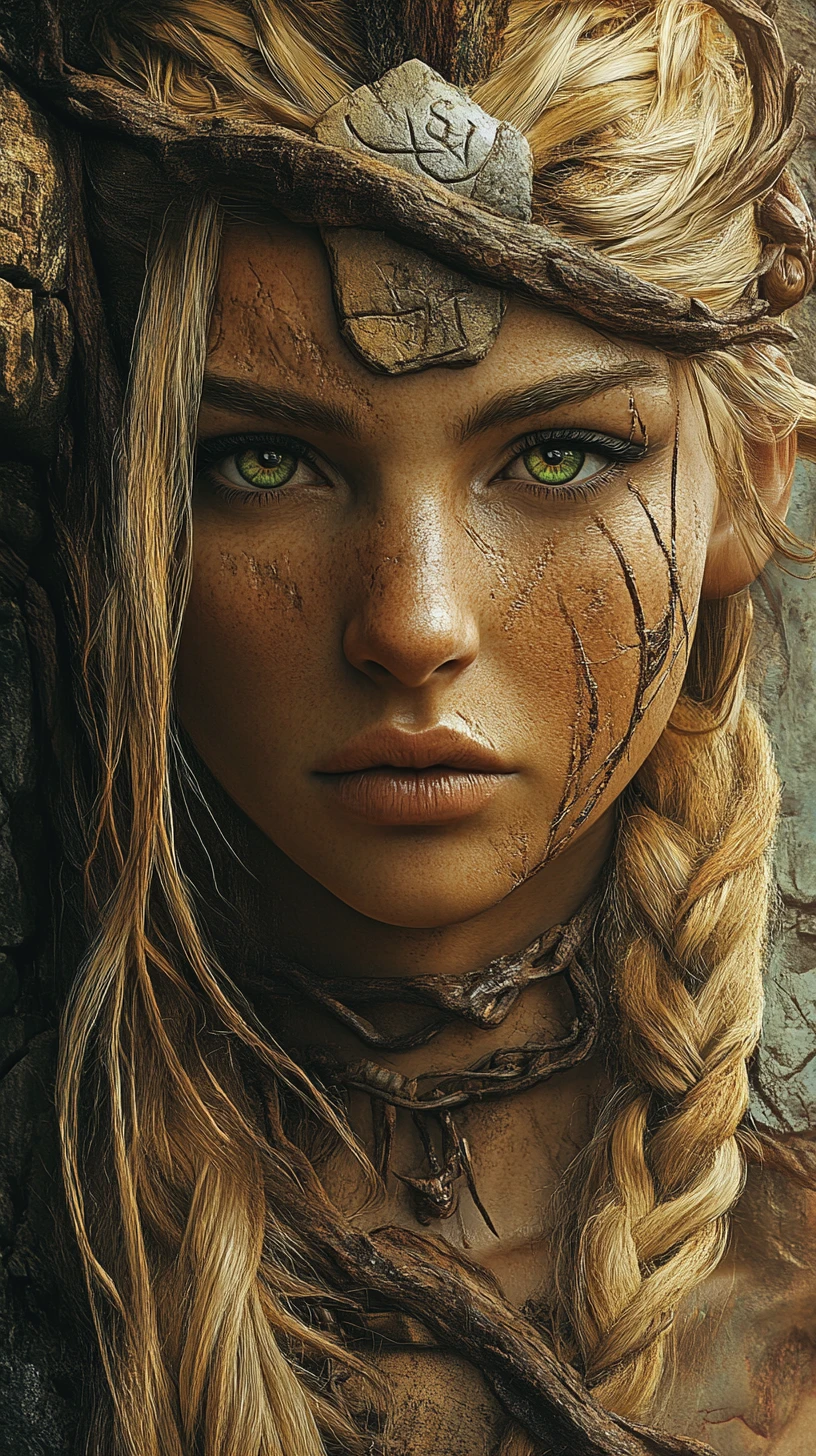 Stone huntress with green eyes in ancient fantasy world