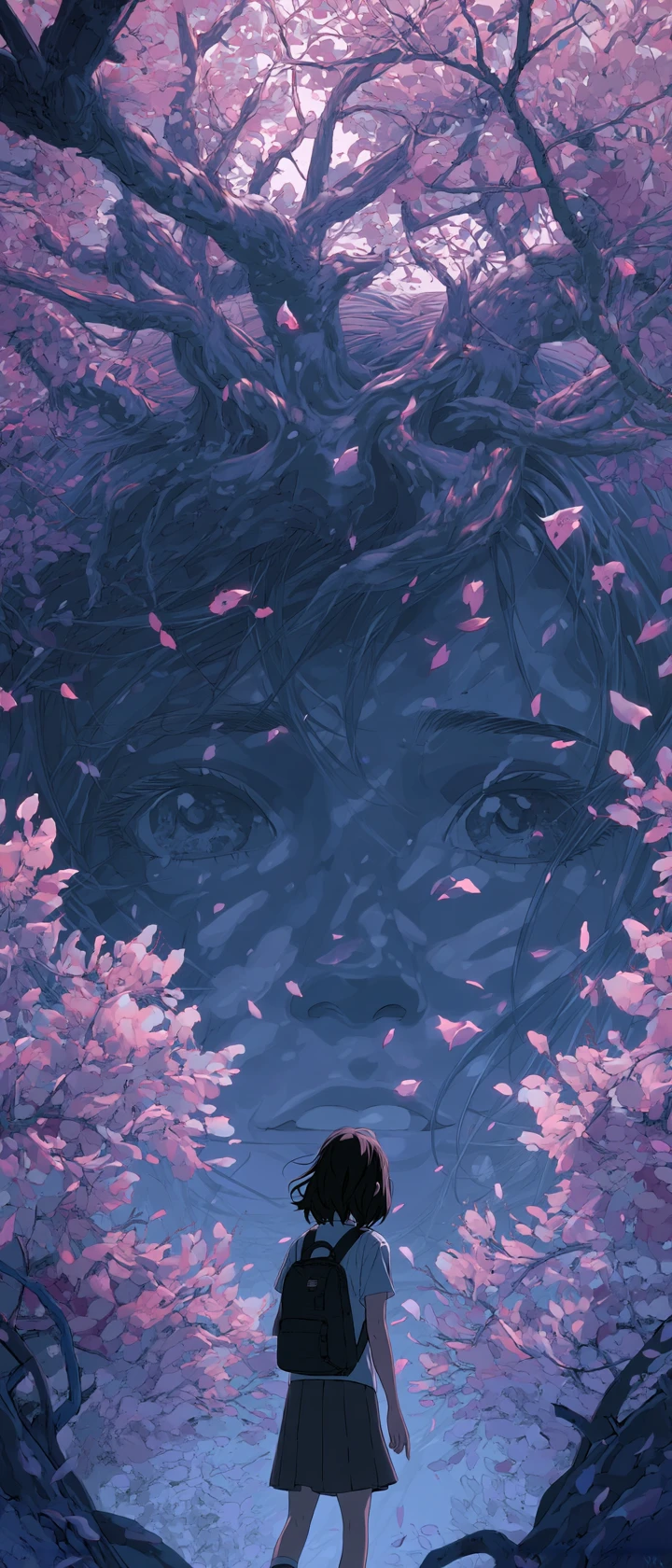 Girl Facing The Ghost Of Her Younger Self Under Blossoms