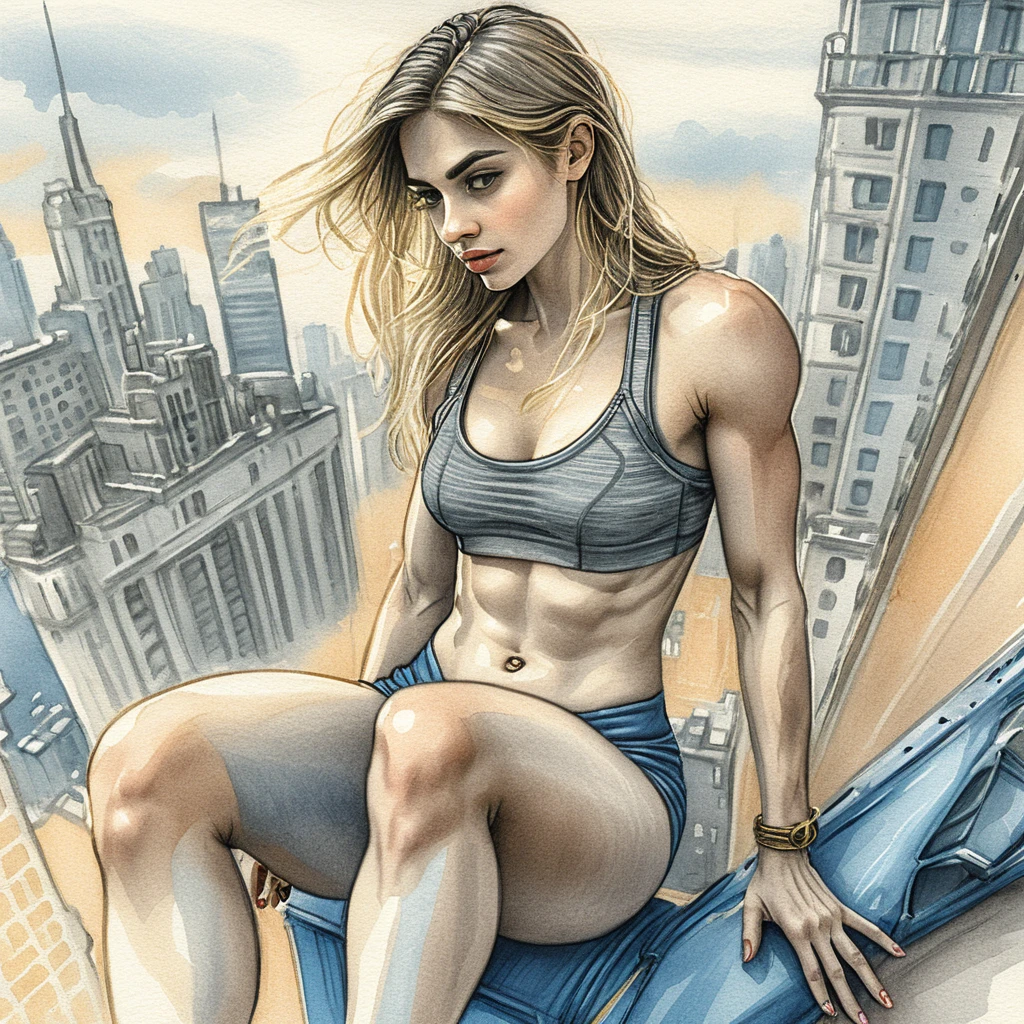 Muscular blonde heroine on a sunny urban rooftop
