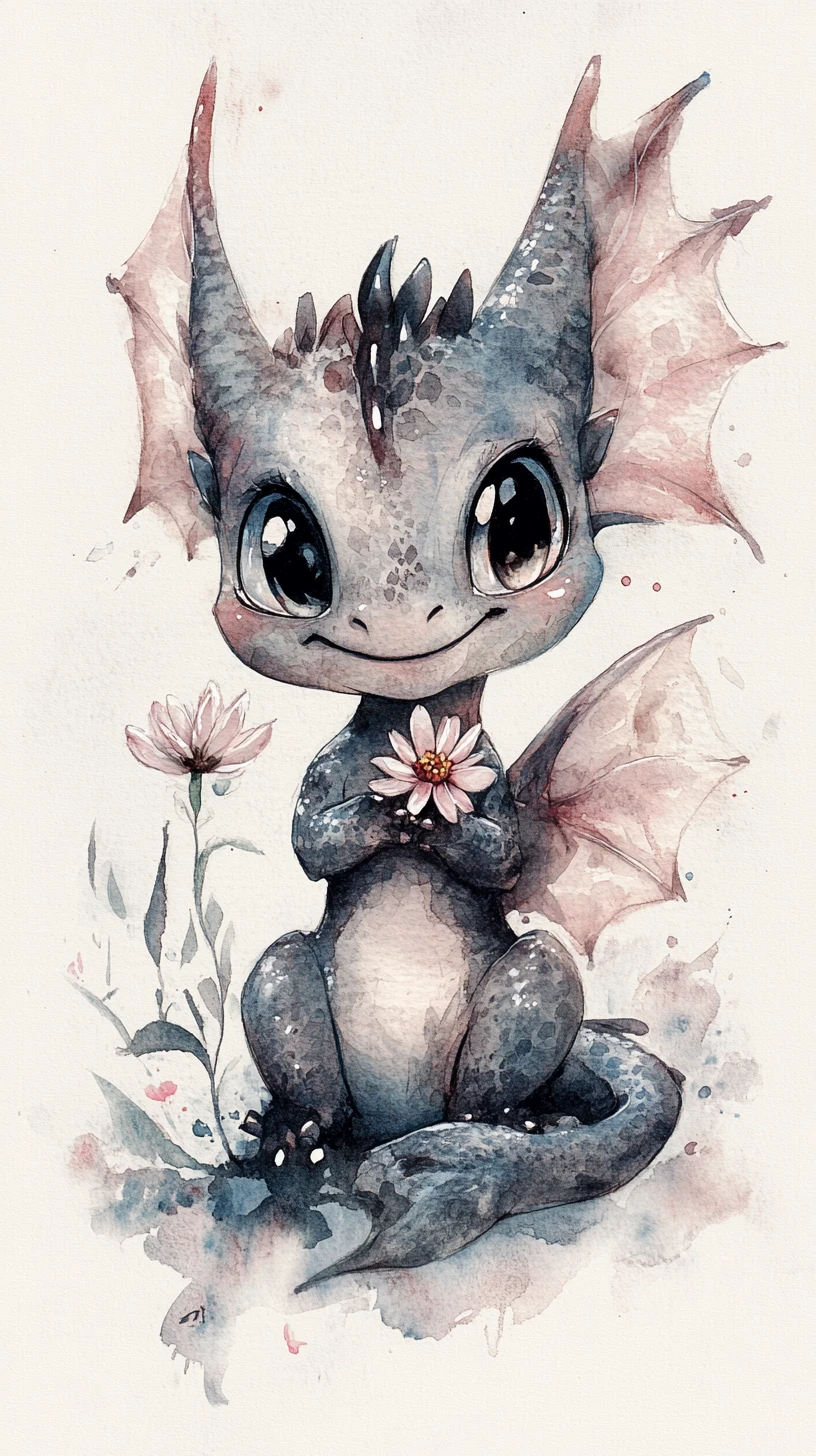 Winziger Babydrache mit Blume im verträumten Aquarellstil