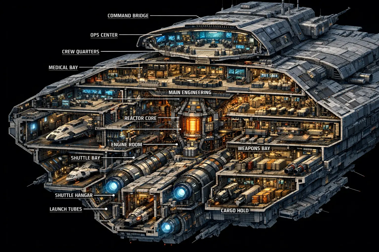 Coupe transversale 3D détaillée d’un immense vaisseau spatial de science-fiction