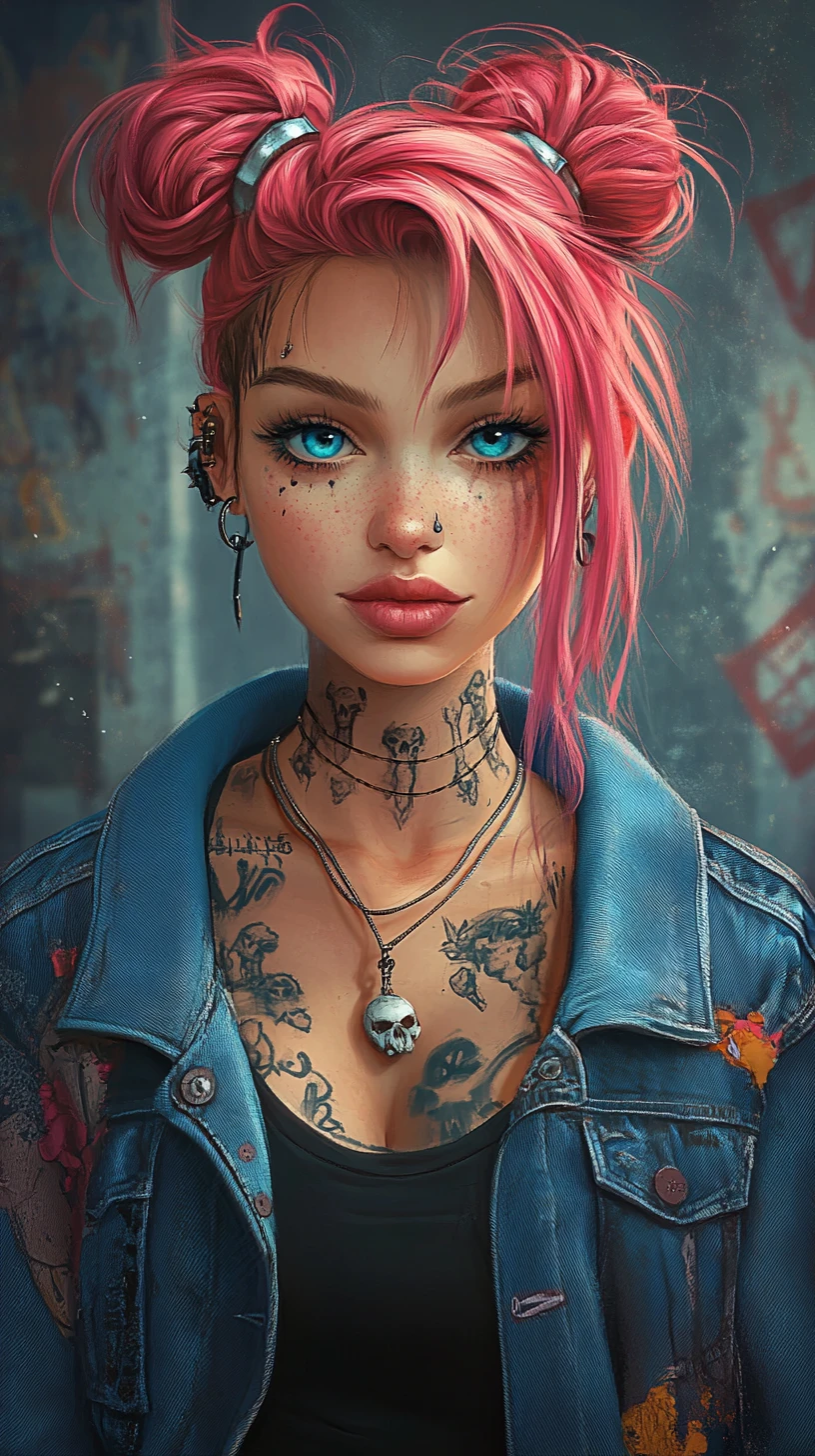 Punk-Goth-Mädchen mit pinken Haaren und Tattoos auf dem Friedhof