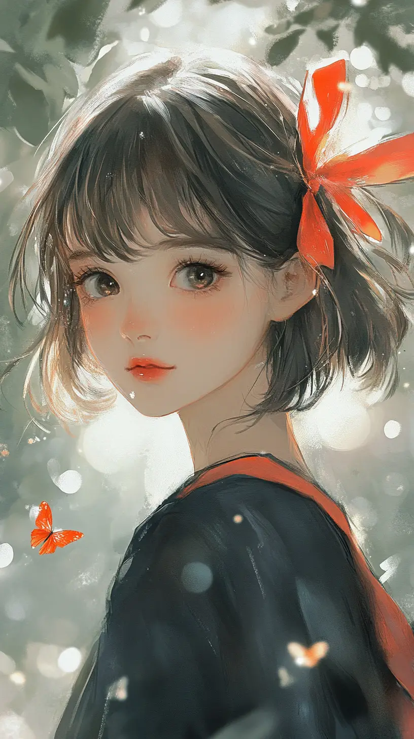 Watercolor girl portrait with red ribbon and butterflies