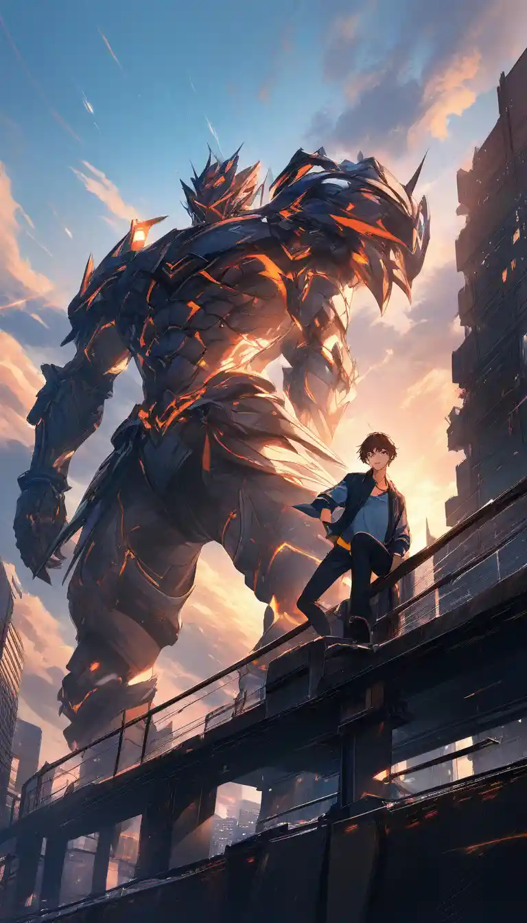Hombre de anime confiado de pie bajo la cálida luz del atardecer