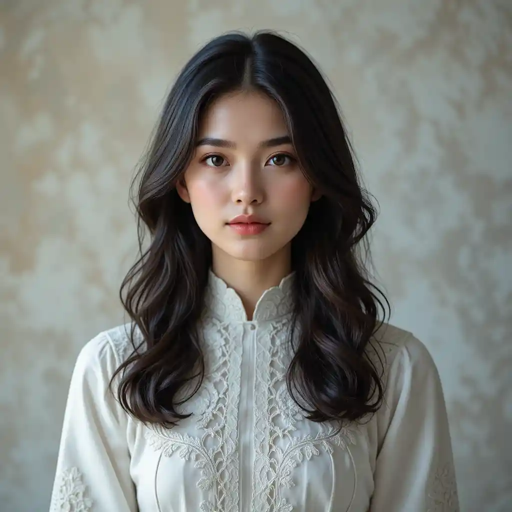 Young woman in white lace blouse against soft wall