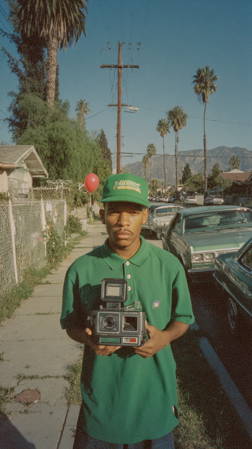 Young man with camcorder on sunny suburban sidewalk