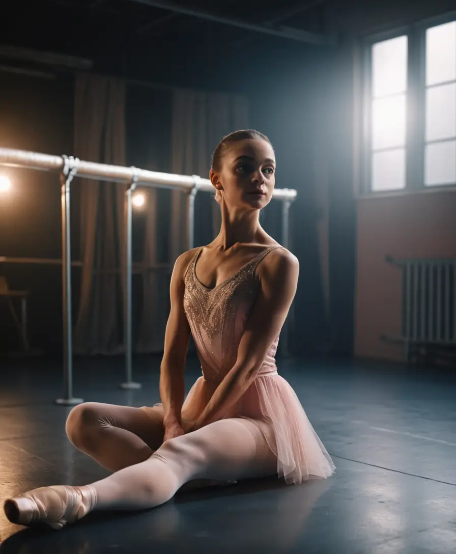 Bailarina fazendo alongamento nos bastidores em luz suave e delicada