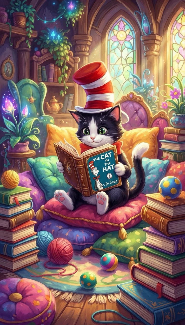 Adorable gato con sombrero de copa a rayas leyendo un libro de cuentos