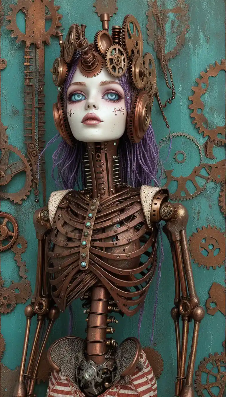 Bambola di pezza gotica steampunk di profilo con dettagli meccanici