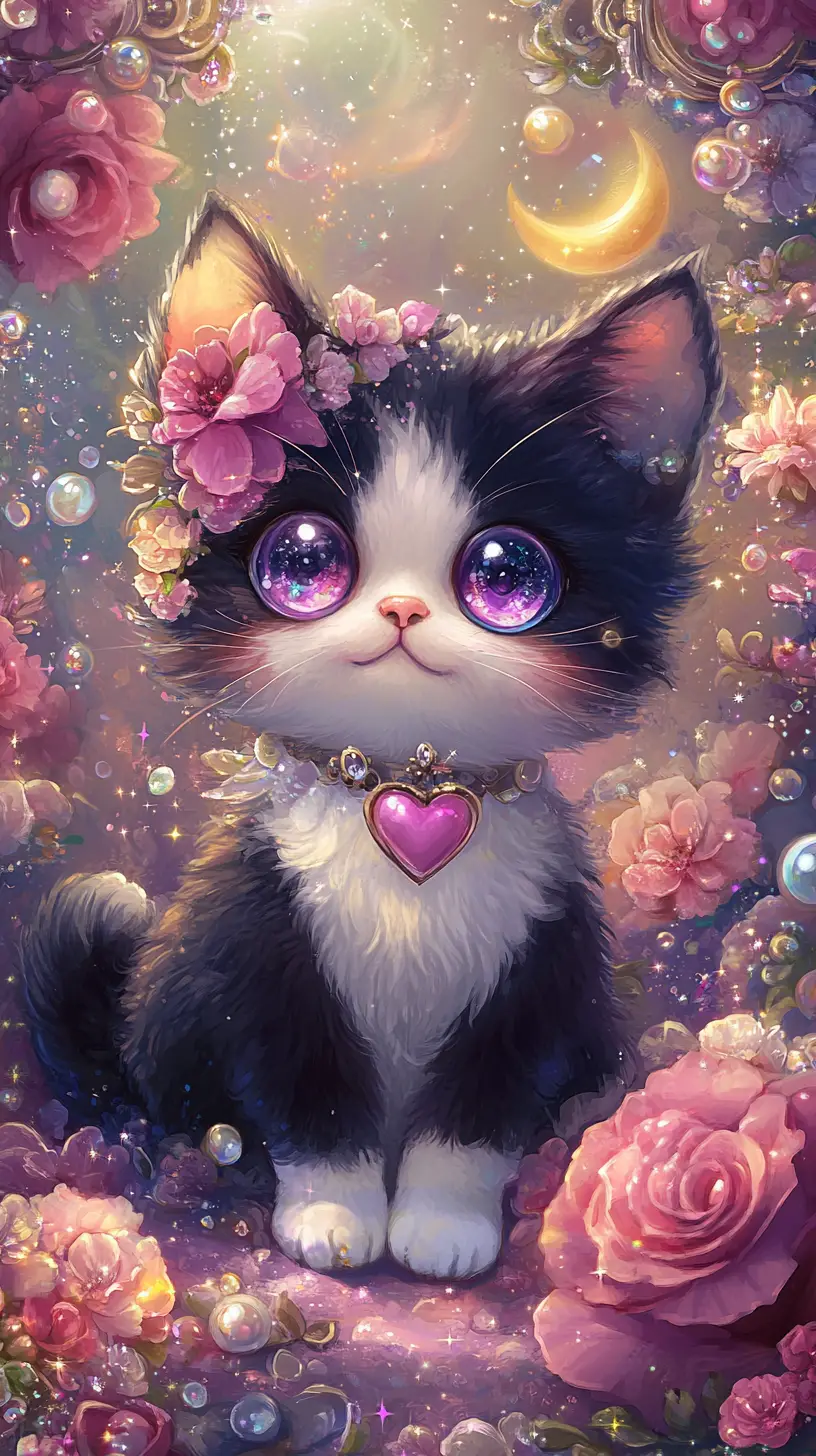 銀河のような瞳のかわいいファンタジー子猫と花の庭