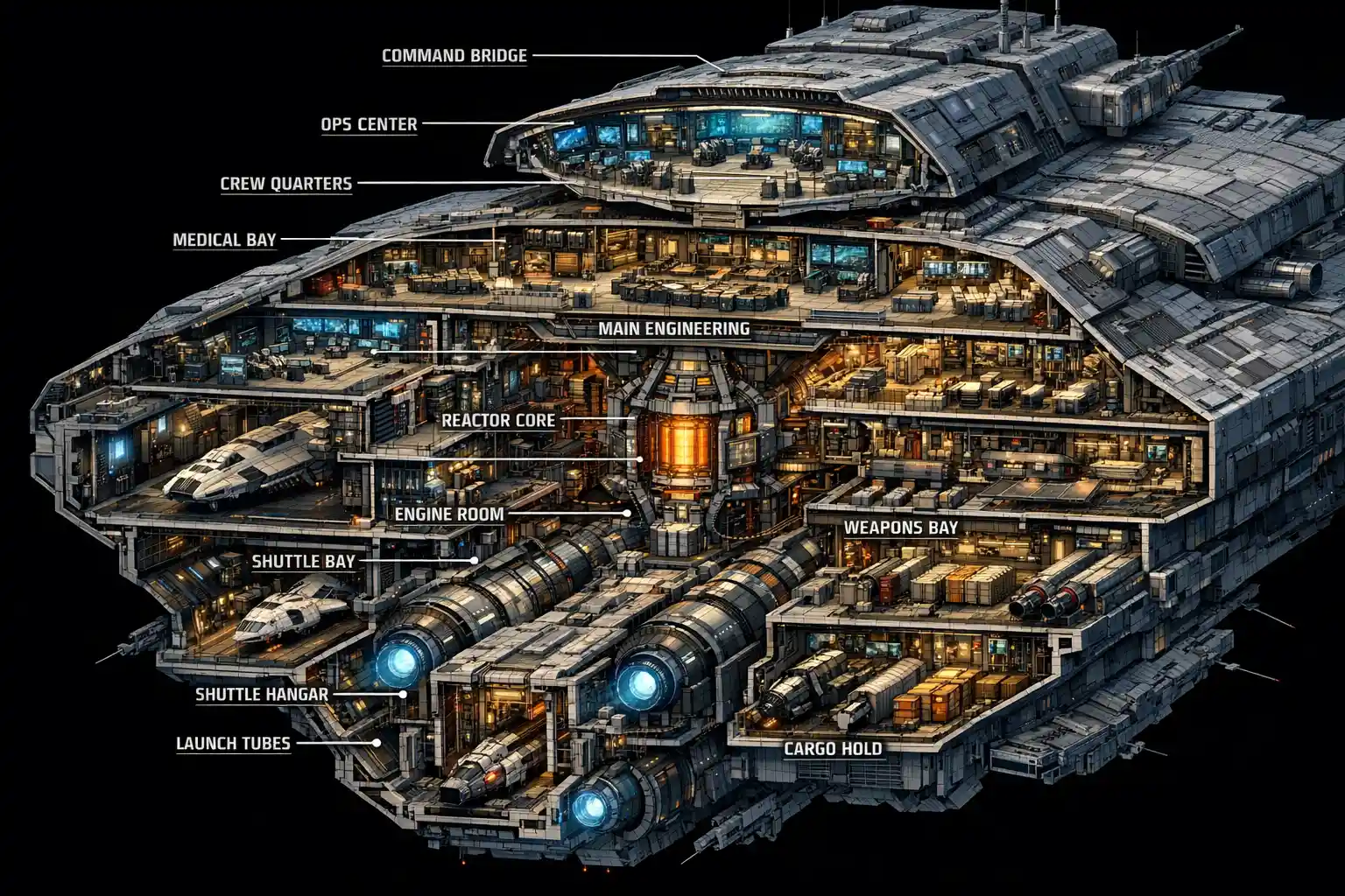 Detailed 3D cross section of a massive sci fi spaceship