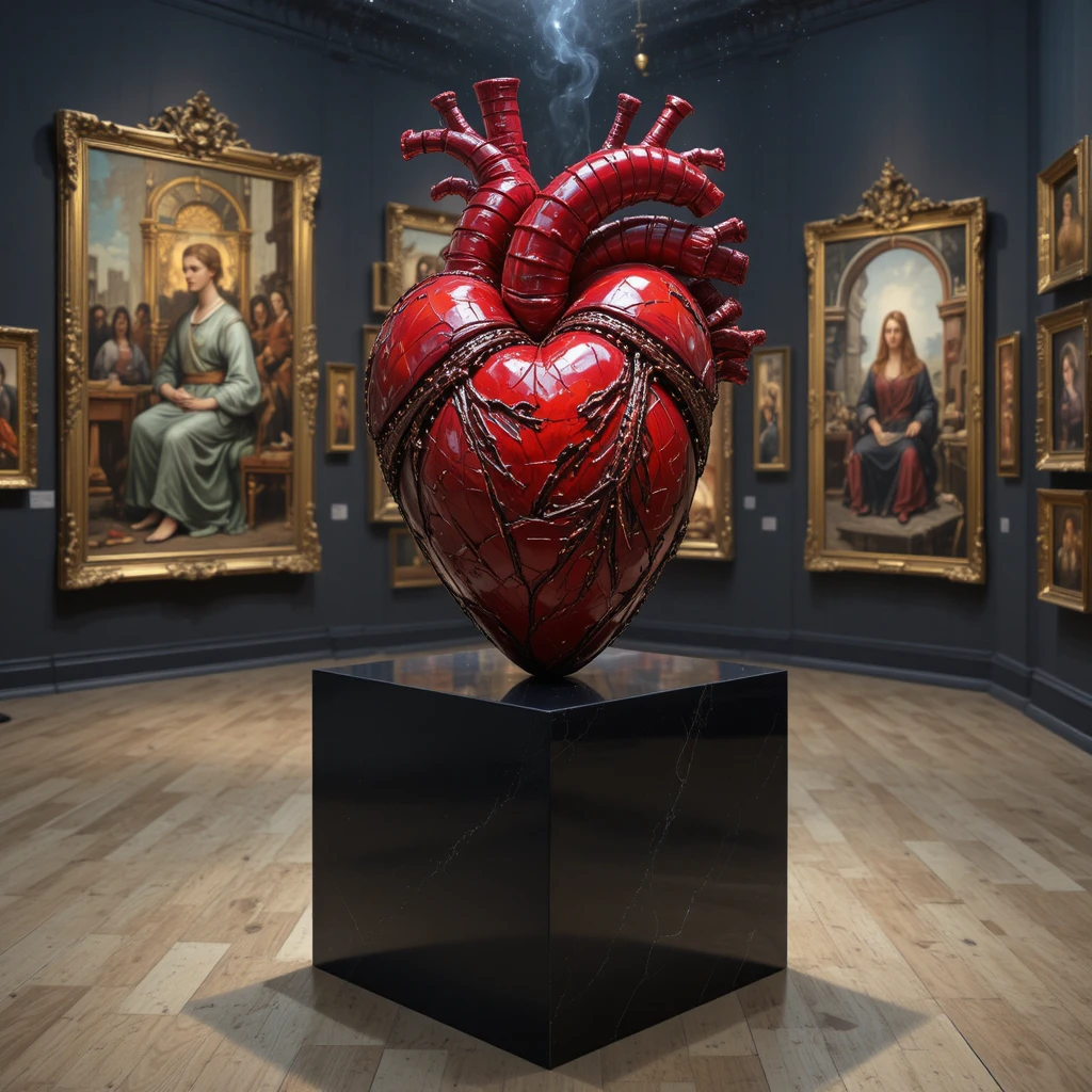Rote Herzskulptur auf schwarzem Würfel in Kunstgalerie