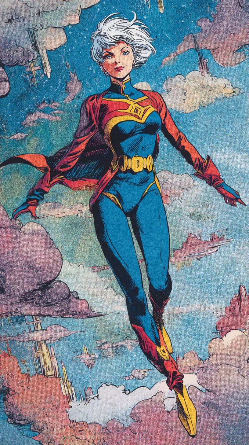 Retro futuristic heroine leaping before aurora sky islands