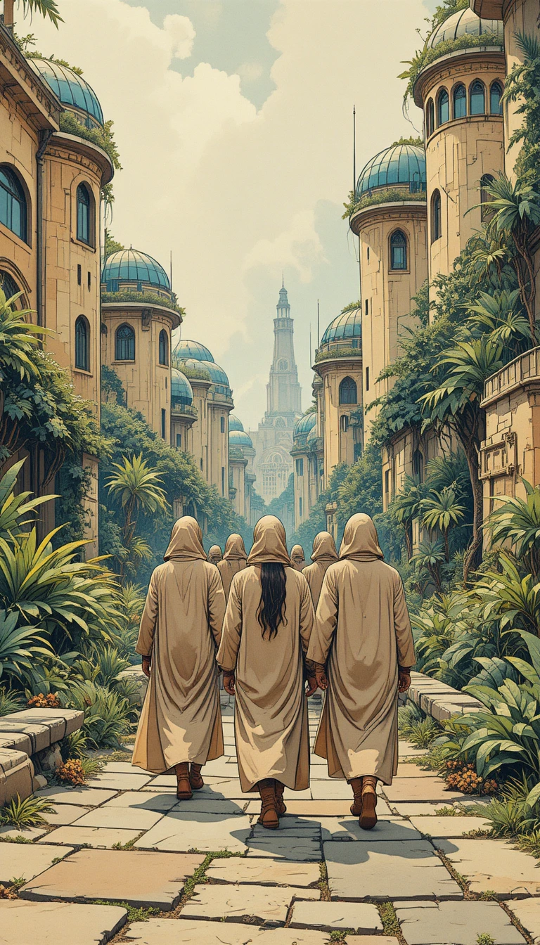 Figuras encapuzadas caminhando por uma cidade futurista exuberante