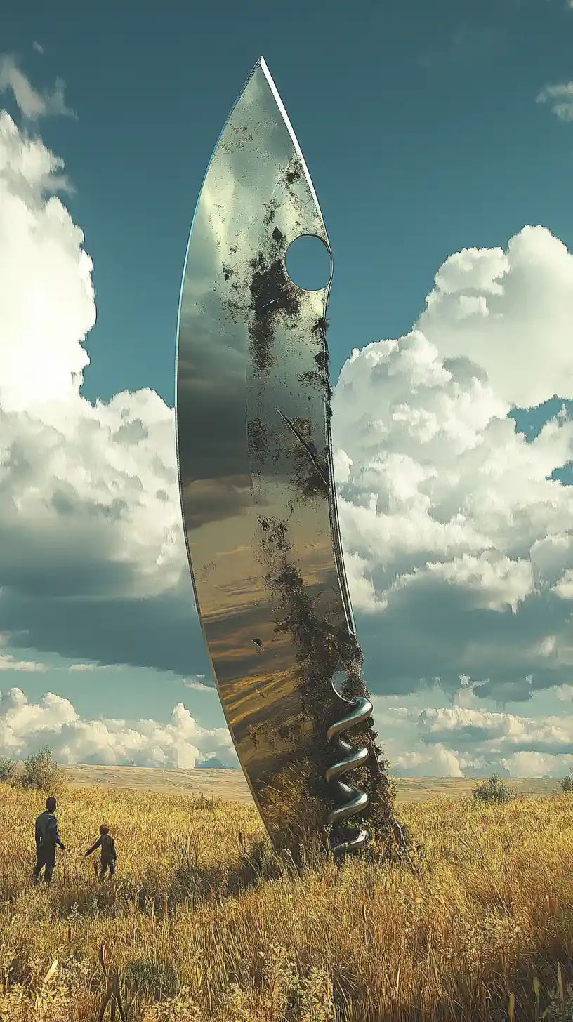 Giant pocket knife towering over tiny people in a field