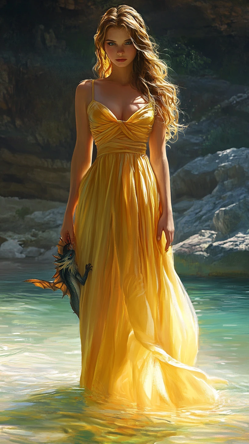 Woman in flowing dress holding dragon in shallow water