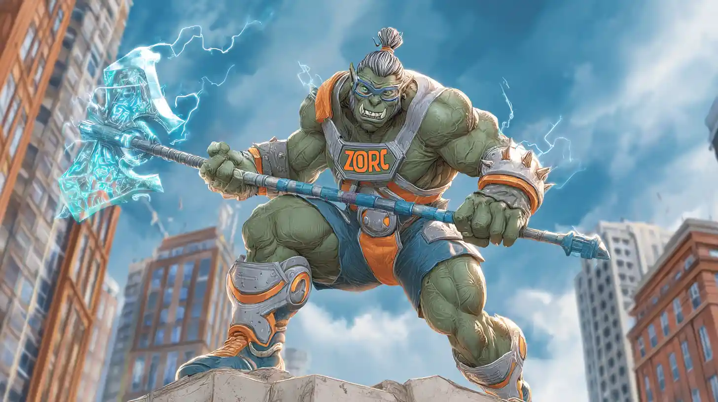 Superhéroe orco musculoso con hacha de batalla brillante en la azotea
