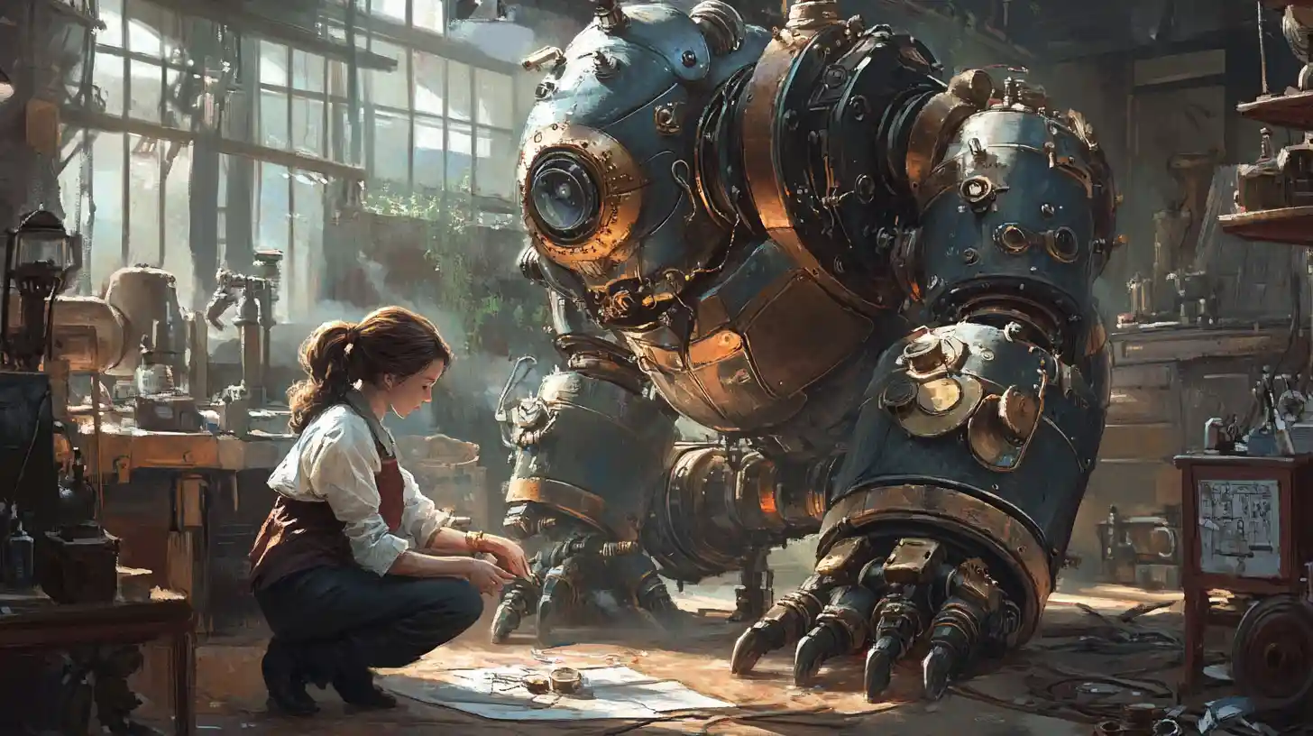 Robot steampunk in ginocchio nel caotico laboratorio di un inventore