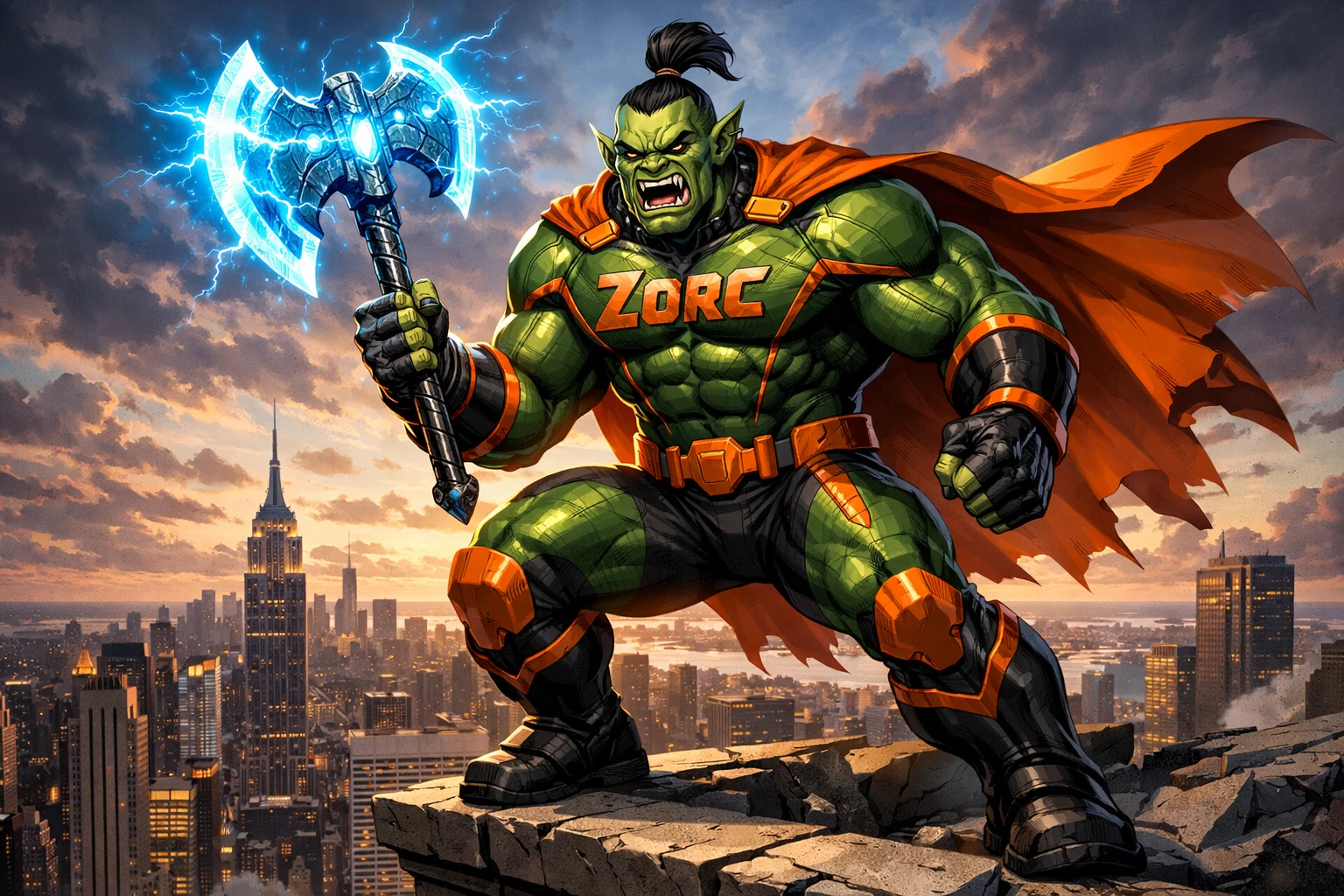 Super-herói orc heroico sobre o horizonte da cidade